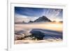 Sunset over mountains at Bow Lake in Banff, Canada during the winter with snow and blue skies-David Chang-Framed Photographic Print