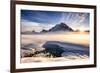 Sunset over mountains at Bow Lake in Banff, Canada during the winter with snow and blue skies-David Chang-Framed Photographic Print