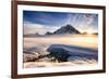 Sunset over mountains at Bow Lake in Banff, Canada during the winter with snow and blue skies-David Chang-Framed Photographic Print