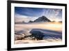 Sunset over mountains at Bow Lake in Banff, Canada during the winter with snow and blue skies-David Chang-Framed Photographic Print