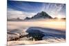 Sunset over mountains at Bow Lake in Banff, Canada during the winter with snow and blue skies-David Chang-Mounted Photographic Print