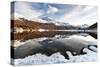 Sunset over Piz Da La Margna and Piz Corvatsch peaks reflected in lake Champfer-Roberto Moiola-Stretched Canvas