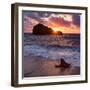 Sunset over Roche Ronde Rock Off the Coast of Biarritz, Pyrenees Atlantiques, Aquitaine-Martin Child-Framed Photographic Print