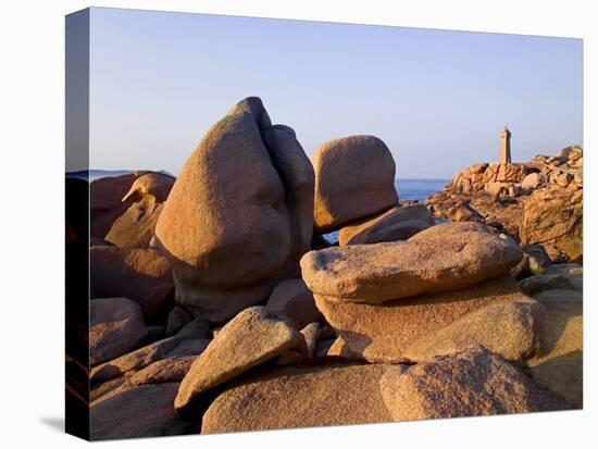 Sunset Over Rocks and Lighthouse at Pars-Kamor, Ploumanach, Breton Corniche, Cotes d'Armor-David Hughes-Stretched Canvas