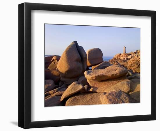 Sunset Over Rocks and Lighthouse at Pars-Kamor, Ploumanach, Breton Corniche, Cotes d'Armor-David Hughes-Framed Photographic Print