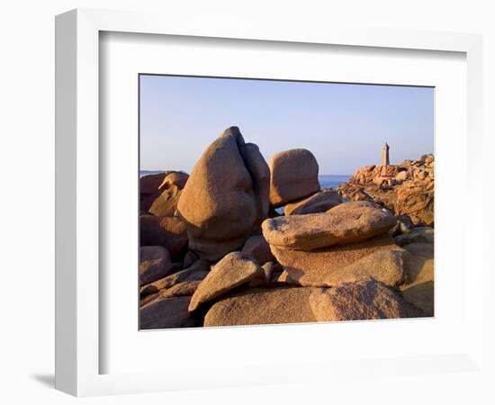 Sunset Over Rocks and Lighthouse at Pars-Kamor, Ploumanach, Breton Corniche, Cotes d'Armor-David Hughes-Framed Photographic Print