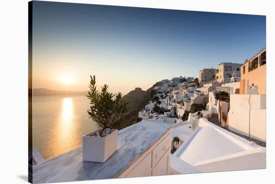 Sunset over the Aegean Sea Seen from a Terrace of the Typical Greek Village of Firostefani-Roberto Moiola-Stretched Canvas