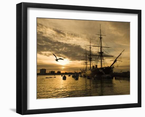 Sunset over the Hard and Hms Warrior, Portsmouth, Hampshire, England, United Kingdom, Europe-Stuart Black-Framed Photographic Print