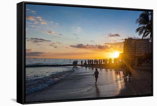 Sunset over the High Rise Buildings on Waikiki Beach-Michael-Framed Stretched Canvas