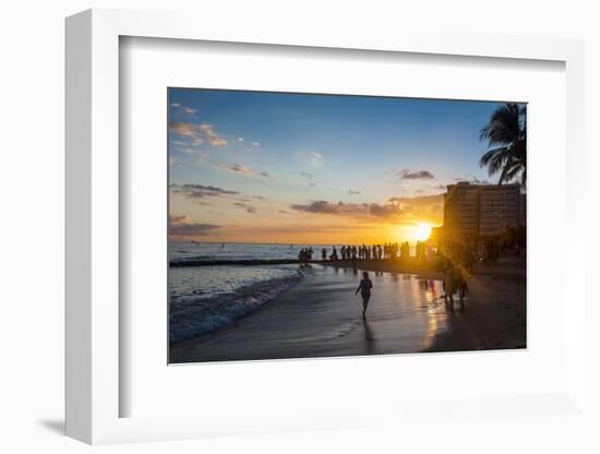 Sunset over the High Rise Buildings on Waikiki Beach-Michael-Framed Photographic Print