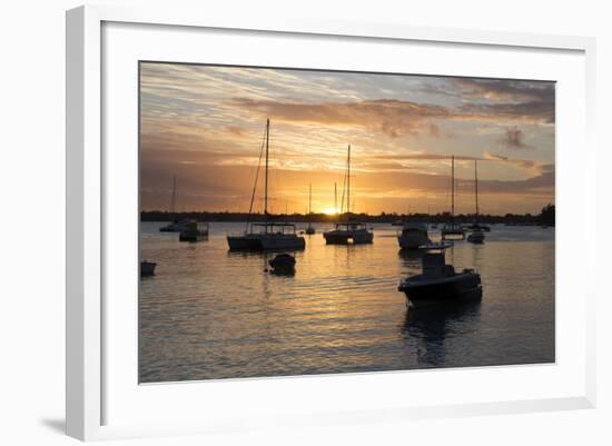 Sunset over the Indian Ocean with Boats in Silhouette on the Calm Water Off the Beach at Gran Baie-Lee Frost-Framed Photographic Print