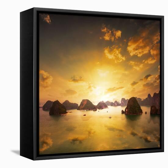 Sunset over the Islands of Halong Bay in Northern Vietnam. Amazing Landscape Background-Banana Republic images-Framed Stretched Canvas