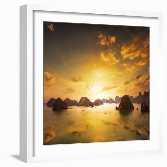 Sunset over the Islands of Halong Bay in Northern Vietnam. Amazing Landscape Background-Banana Republic images-Framed Photographic Print