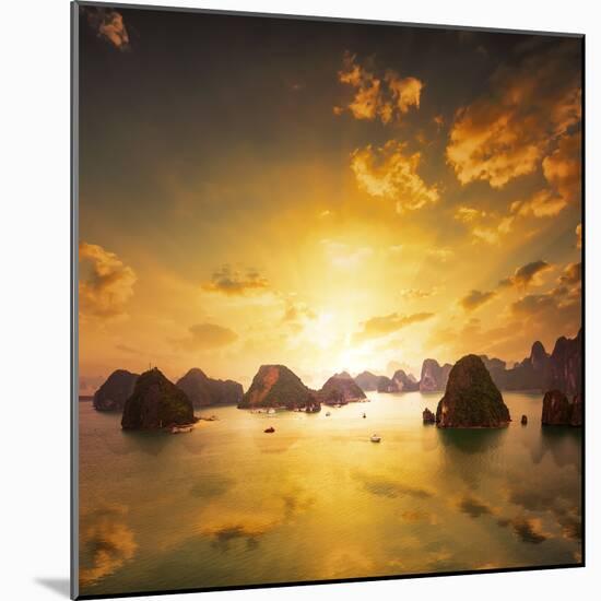 Sunset over the Islands of Halong Bay in Northern Vietnam. Amazing Landscape Background-Banana Republic images-Mounted Photographic Print