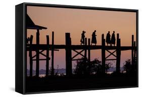Sunset over U Bein Bridge, Taungthman Lake, U Bein, Amarapura, Myanmar (Burma), Asia-Nathalie Cuvelier-Framed Stretched Canvas