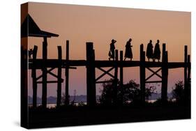 Sunset over U Bein Bridge, Taungthman Lake, U Bein, Amarapura, Myanmar (Burma), Asia-Nathalie Cuvelier-Stretched Canvas