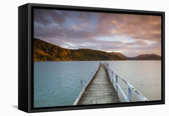 Sunset over Wharf in Idyllic Kenepuru Sound, Marlborough Sounds, South Island, New Zealand-Doug Pearson-Framed Stretched Canvas