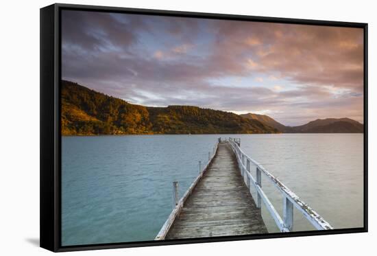 Sunset over Wharf in Idyllic Kenepuru Sound, Marlborough Sounds, South Island, New Zealand-Doug Pearson-Framed Stretched Canvas