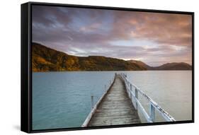 Sunset over Wharf in Idyllic Kenepuru Sound, Marlborough Sounds, South Island, New Zealand-Doug Pearson-Framed Stretched Canvas