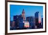 Sunset reflects in windows of Boston skyline Commerce House Tower shot at dusk, Boston, MA-null-Framed Photographic Print