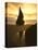 Sunset Silhouettes Seabird Atop Rock Pinnacle, Bandon Beach, Oregon, USA-Steve Terrill-Stretched Canvas