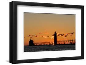 Sunset Silhouettes the Grand Haven Lighthouse in Grand Haven, Michigan, Usa-Chuck Haney-Framed Photographic Print