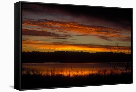 Sunset sky over waters of Eagle Creek Reservoir, Ragle Creek Park, Indianapolis, Indiana, USA-Anna Miller-Framed Stretched Canvas