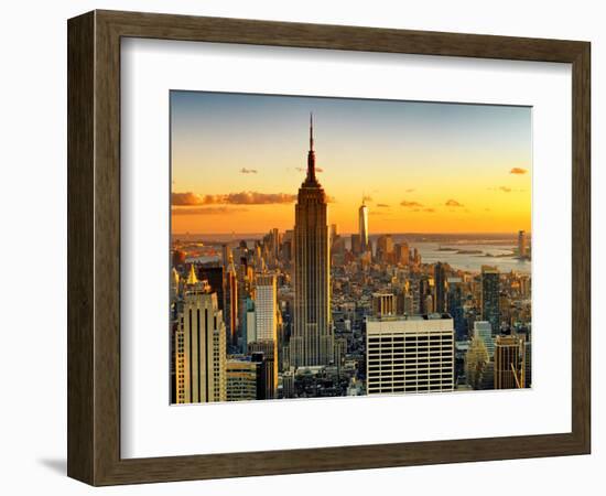 Sunset Skyscraper Landscape, Empire State Building and One World Trade Center, Manhattan, New York-Philippe Hugonnard-Framed Photographic Print