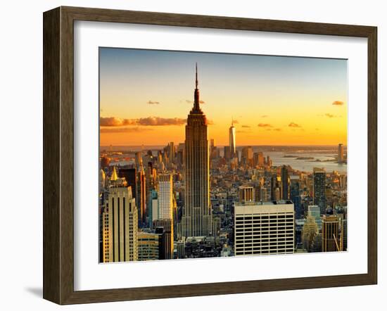 Sunset Skyscraper Landscape, Empire State Building and One World Trade Center, Manhattan, New York-Philippe Hugonnard-Framed Premium Photographic Print