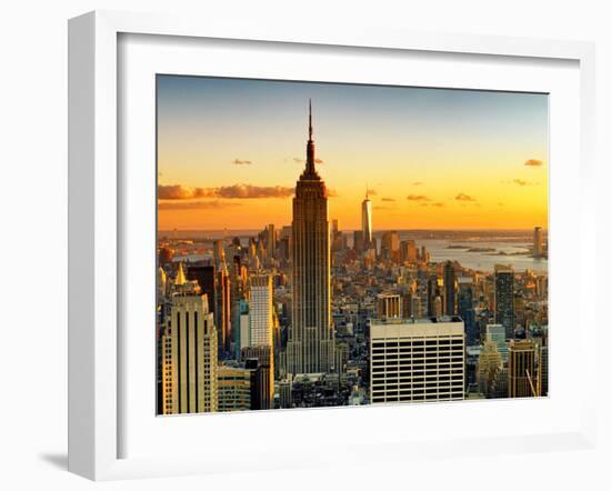 Sunset Skyscraper Landscape, Empire State Building and One World Trade Center, Manhattan, New York-Philippe Hugonnard-Framed Premium Photographic Print