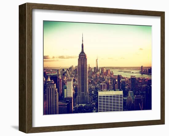 Sunset Skyscraper Landscape, Empire State Building and One World Trade Center, Manhattan, New York-Philippe Hugonnard-Framed Premium Photographic Print