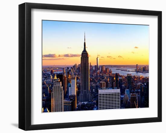 Sunset Skyscraper Landscape, Empire State Building and One World Trade Center, Manhattan, New York-Philippe Hugonnard-Framed Art Print