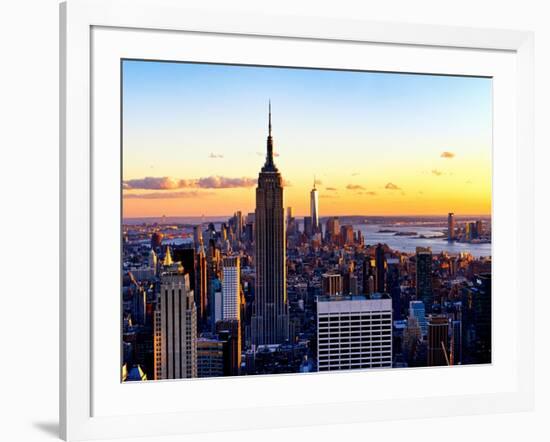 Sunset Skyscraper Landscape, Empire State Building and One World Trade Center, Manhattan, New York-Philippe Hugonnard-Framed Art Print