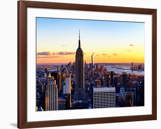 Sunset Skyscraper Landscape, Empire State Building and One World Trade Center, Manhattan, New York-Philippe Hugonnard-Framed Art Print