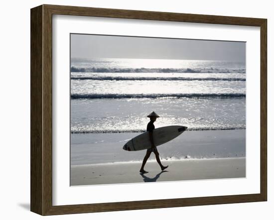 Sunset, Surfer Walking Along Beach, Kuta Beach, Bali, Indonesia-null-Framed Photographic Print