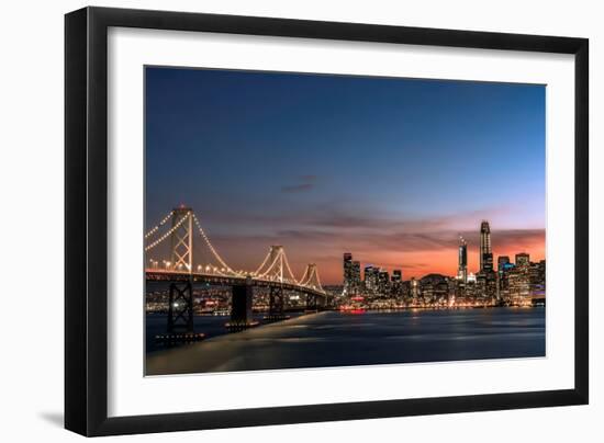 Sunset view of San Francisco from Treasure Island of the Bay Bridge with pink clouds at blue hour-David Chang-Framed Photographic Print