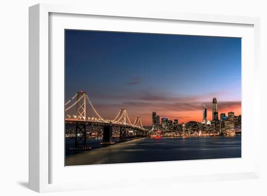 Sunset view of San Francisco from Treasure Island of the Bay Bridge with pink clouds at blue hour-David Chang-Framed Photographic Print