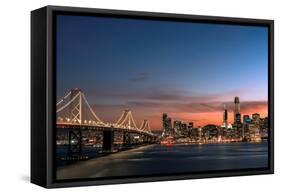 Sunset view of San Francisco from Treasure Island of the Bay Bridge with pink clouds at blue hour-David Chang-Framed Stretched Canvas