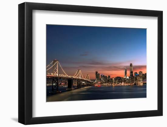 Sunset view of San Francisco from Treasure Island of the Bay Bridge with pink clouds at blue hour-David Chang-Framed Photographic Print