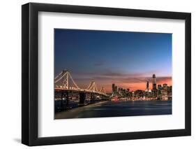 Sunset view of San Francisco from Treasure Island of the Bay Bridge with pink clouds at blue hour-David Chang-Framed Photographic Print