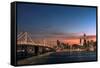 Sunset view of San Francisco from Treasure Island of the Bay Bridge with pink clouds at blue hour-David Chang-Framed Stretched Canvas