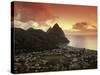 Sunset View of the Pitons and Soufriere, St. Lucia-Walter Bibikow-Stretched Canvas