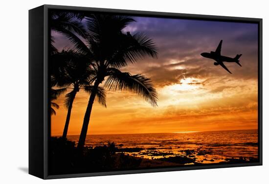 Sunset with Palm Tree and Airplane Silhouettes-krisrobin-Framed Stretched Canvas