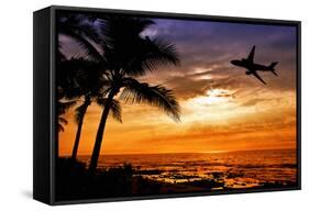 Sunset with Palm Tree and Airplane Silhouettes-krisrobin-Framed Stretched Canvas