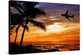 Sunset with Palm Tree and Airplane Silhouettes-krisrobin-Stretched Canvas