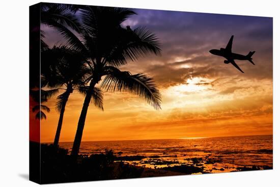 Sunset with Palm Tree and Airplane Silhouettes-krisrobin-Stretched Canvas