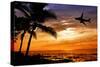 Sunset with Palm Tree and Airplane Silhouettes-krisrobin-Stretched Canvas