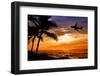 Sunset with Palm Tree and Airplane Silhouettes-krisrobin-Framed Premium Photographic Print