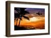 Sunset with Palm Tree and Airplane Silhouettes-krisrobin-Framed Photographic Print