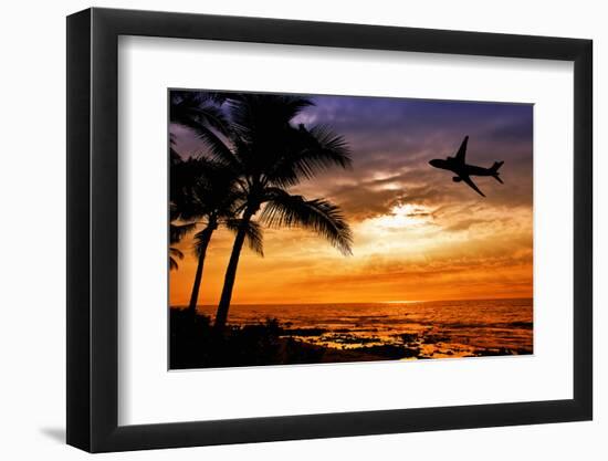 Sunset with Palm Tree and Airplane Silhouettes-krisrobin-Framed Photographic Print